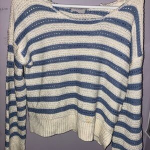Cloud 9 Striped Open-Knit Crewneck Sweater in Blue and Cream